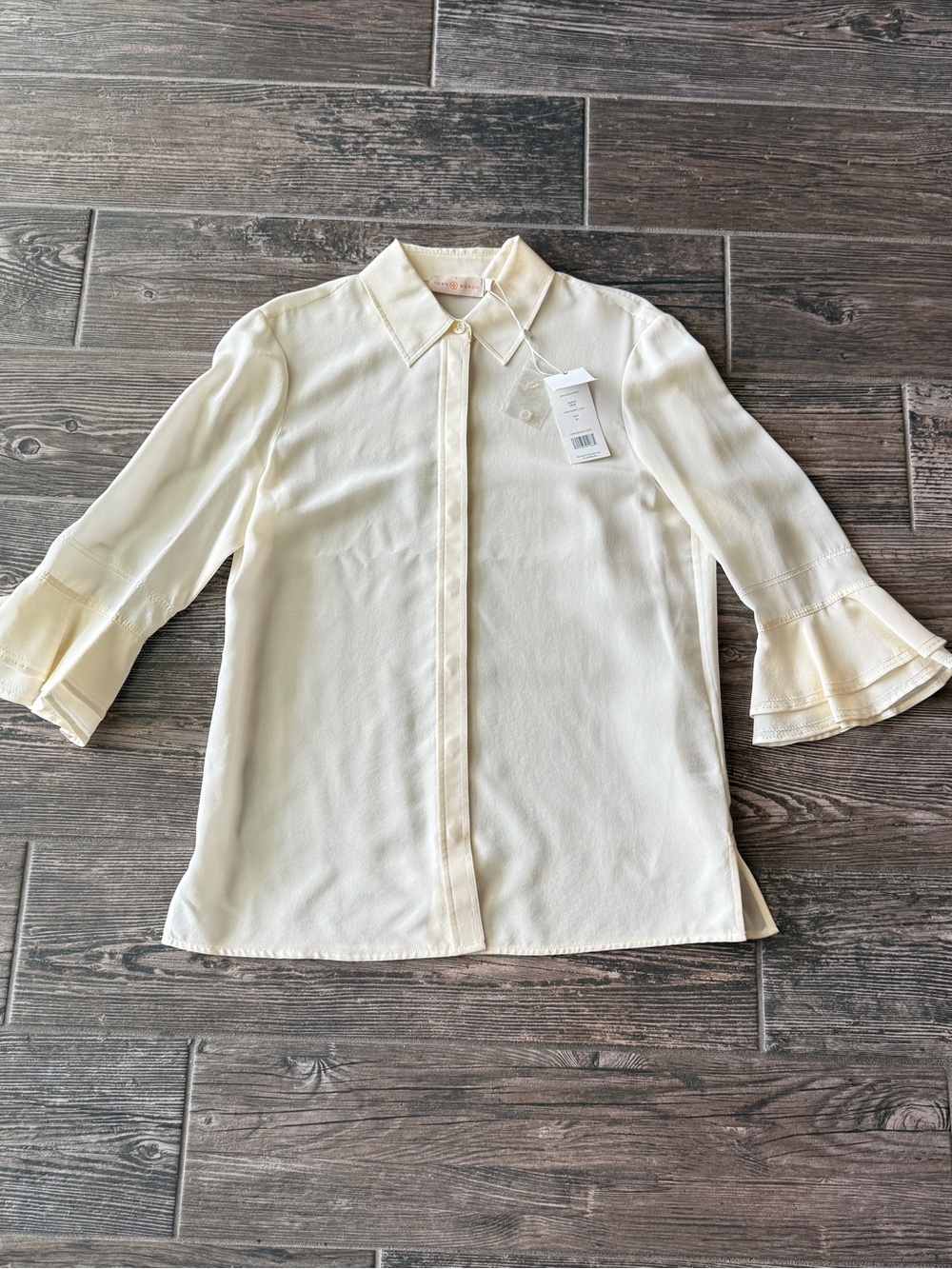 Tory Burch Cream Silk Button Down Tiered Ruffle Bell Sleeve Arianne Blouse